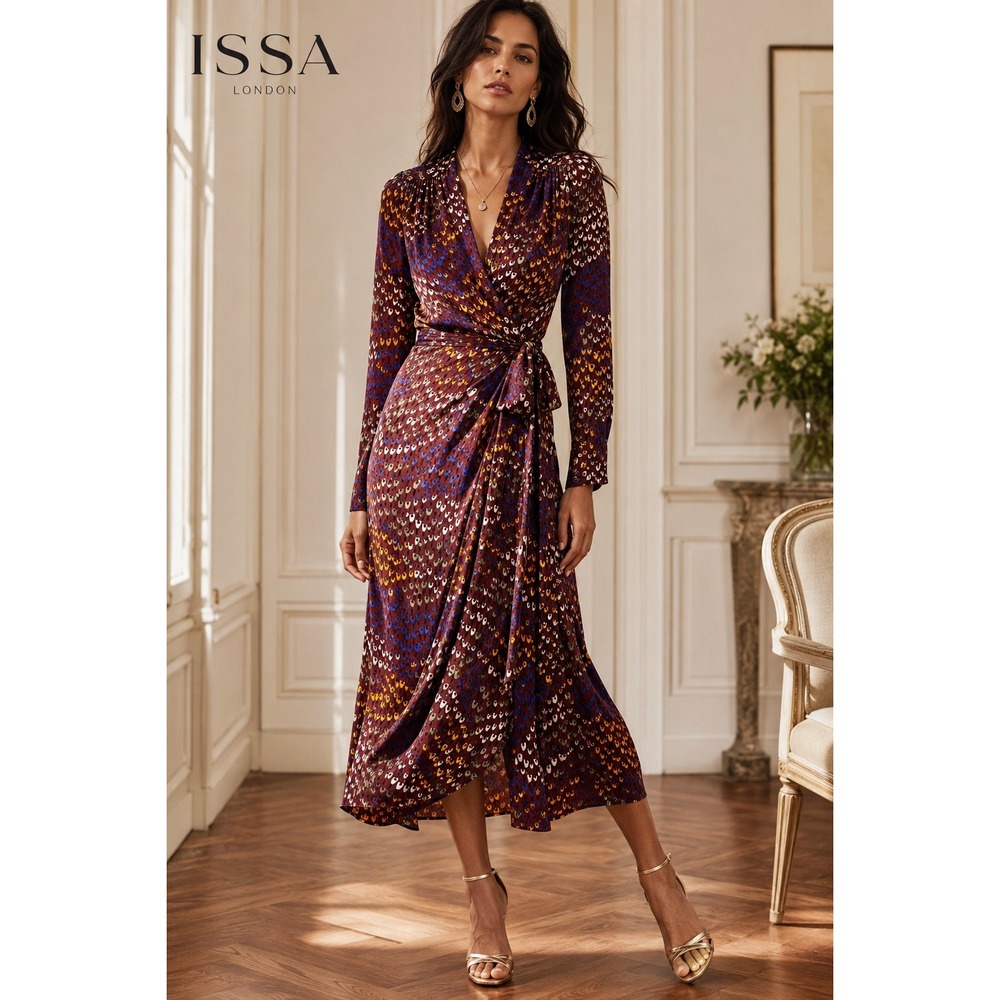 Issa London Silk Wrap Dress 10 Boho Luxe Jewel Tone Art Print Y2K